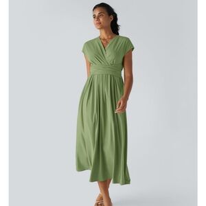 HALARA Breezeful V Neck Short Sleeve Side Pocket Tie Back Midi Dress Sz M Travel